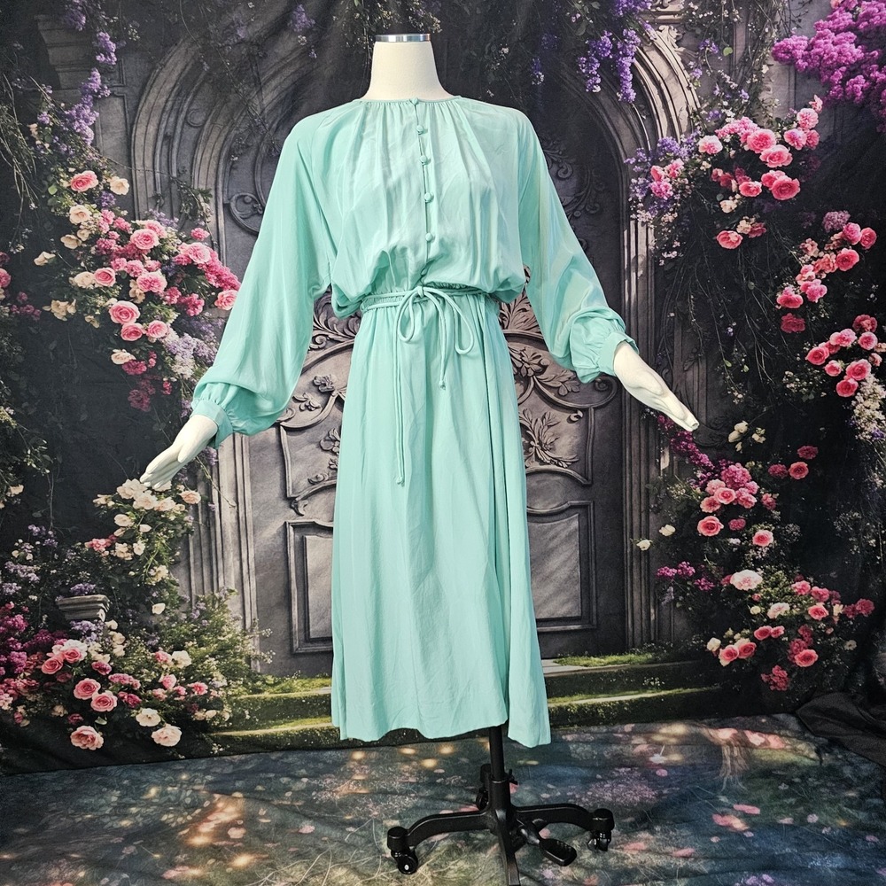 Vintage 1970s Dress Aqua Blue Midi Length Peasant Long Sleeve Belt Malcolm Starr
